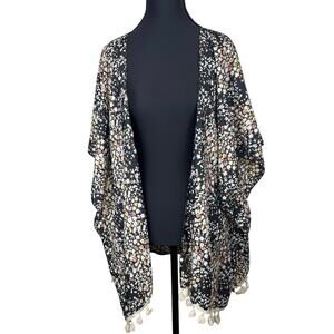 Black Boho Festival Floral Kimono with Tassel Detail at Hemline One Size